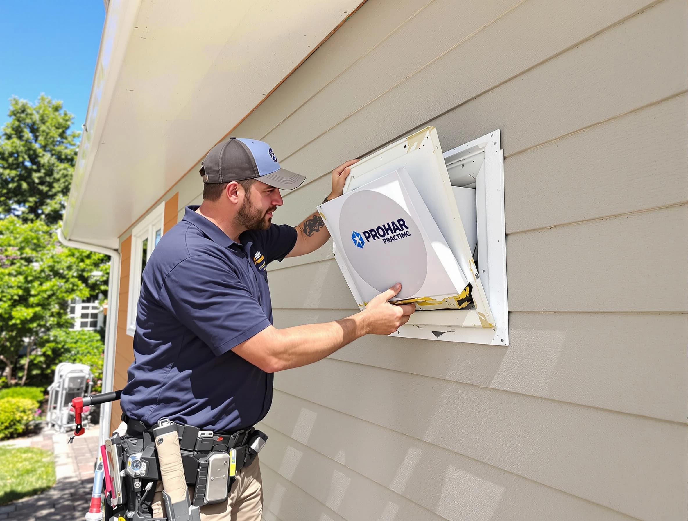 Hiram Dryer Vent Cleaning technician installing a new protective dryer vent cover on a home in Hiram