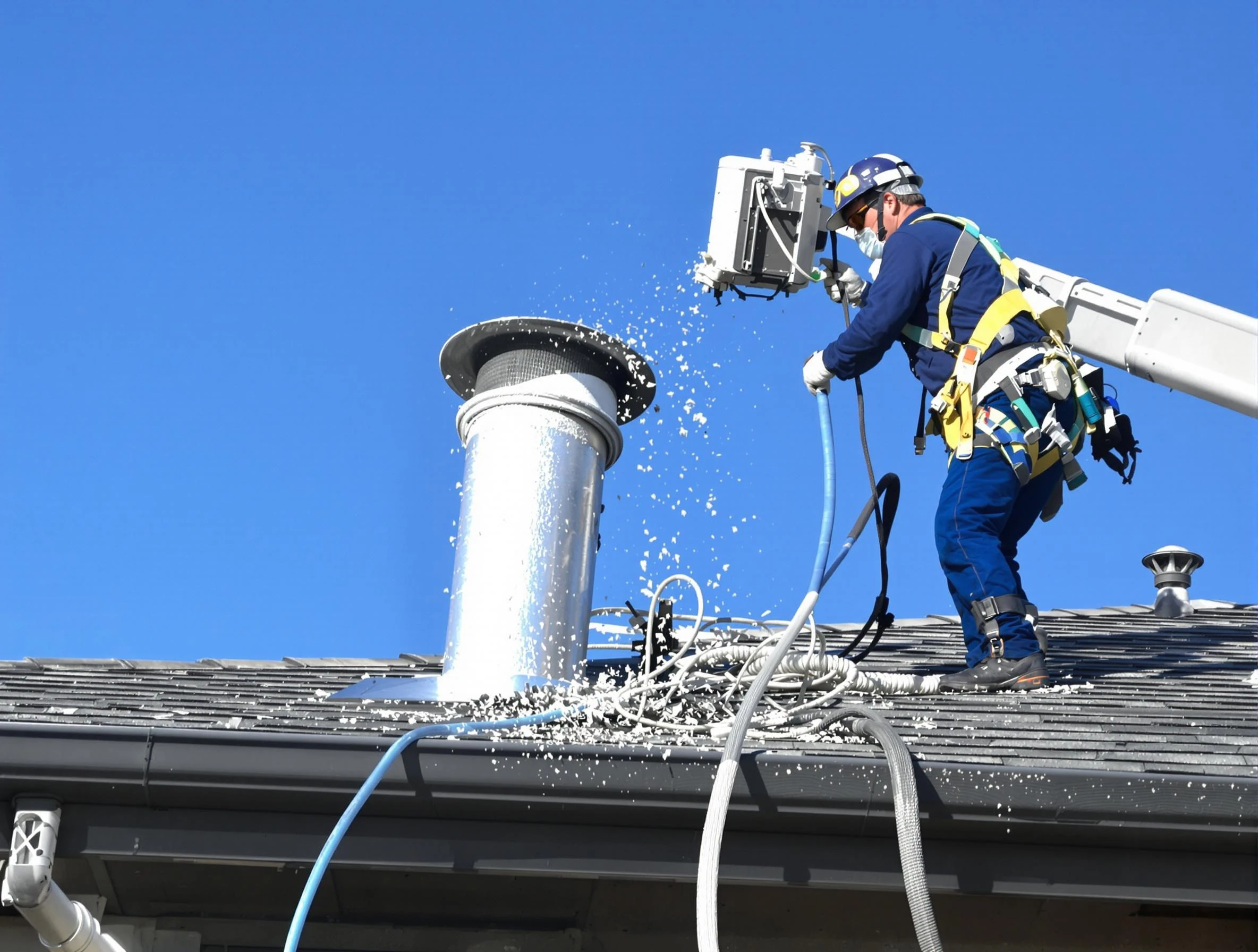 Hiram Dryer Vent Cleaning certified technician safely cleaning a roof-mounted dryer vent in Hiram