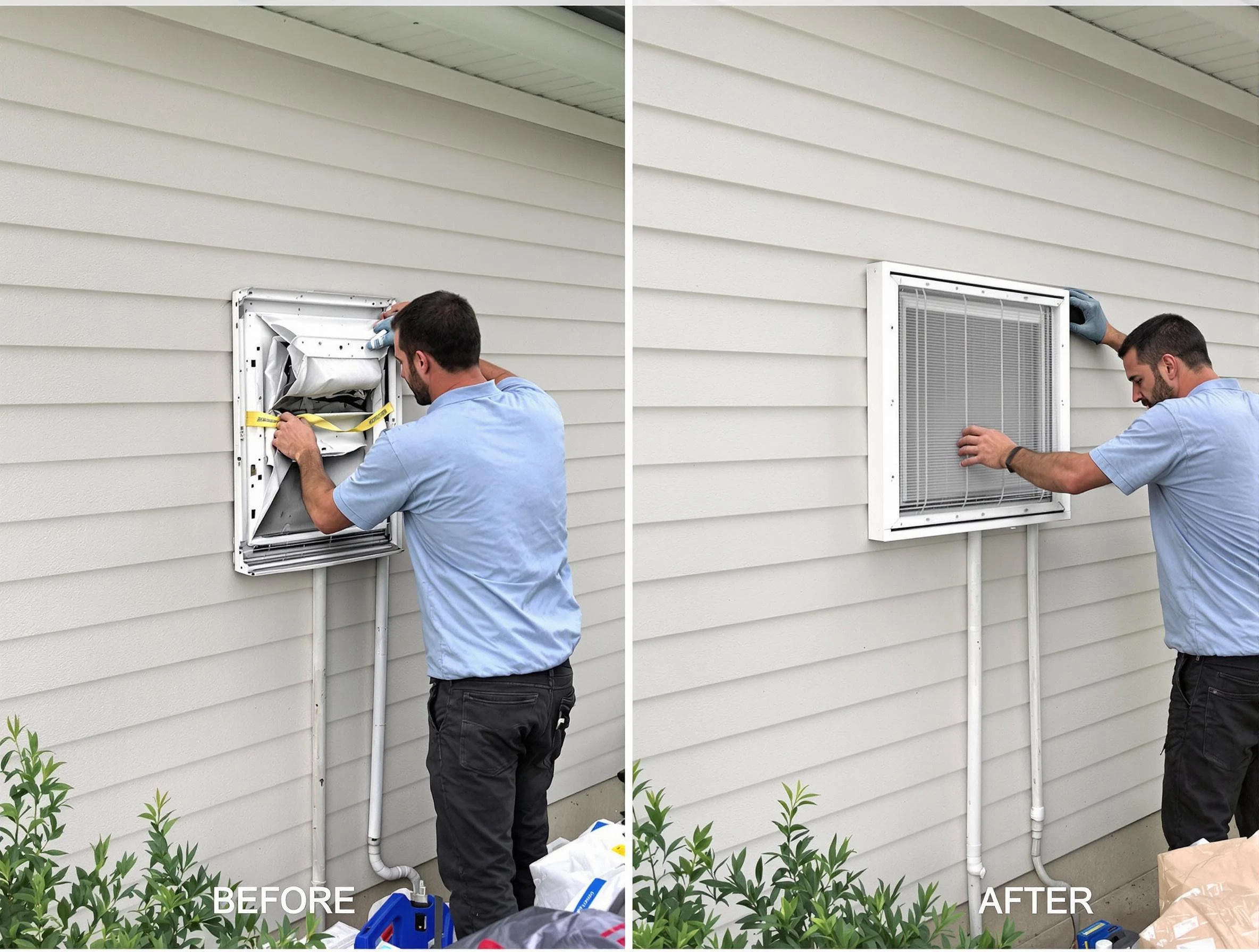 Hiram Dryer Vent Cleaning technician installing high-quality dryer vent cover at a residential property in Hiram